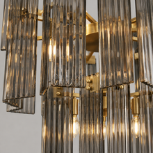 38" Delsie Fluted Round Glass Chandelier in Brass with Smoke Glass, Body Detail