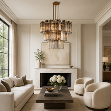 38" Delsie Fluted Round Glass Chandelier in Brass with Smoke Glass, Living Room Scene