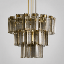 38" Delsie Fluted Round Glass Chandelier in Brass with Smoke Glass, Main Light Off