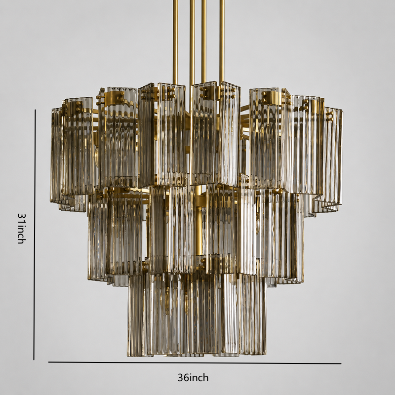 38" Delsie Fluted Round Glass Chandelier in Brass with Smoke Glass