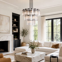 38" Delsie Fluted Round Glass Chandelier in Bronze with Clear Glass, Living Room Scene
