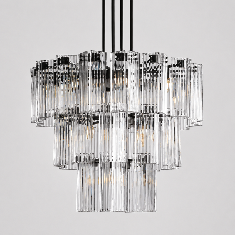 Delsie Round Fluted Glass Chandelier, 38-inch bronze clear glass chandelier for round dining table, living room, modern classic interior, and statement lighting