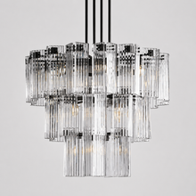 38" Delsie Fluted Round Glass Chandelier in Bronze with Clear Glass, Main Light On