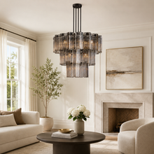 38" Delsie Fluted Round Glass Chandelier in Bronze with Smoke Glass, Living Room Scene