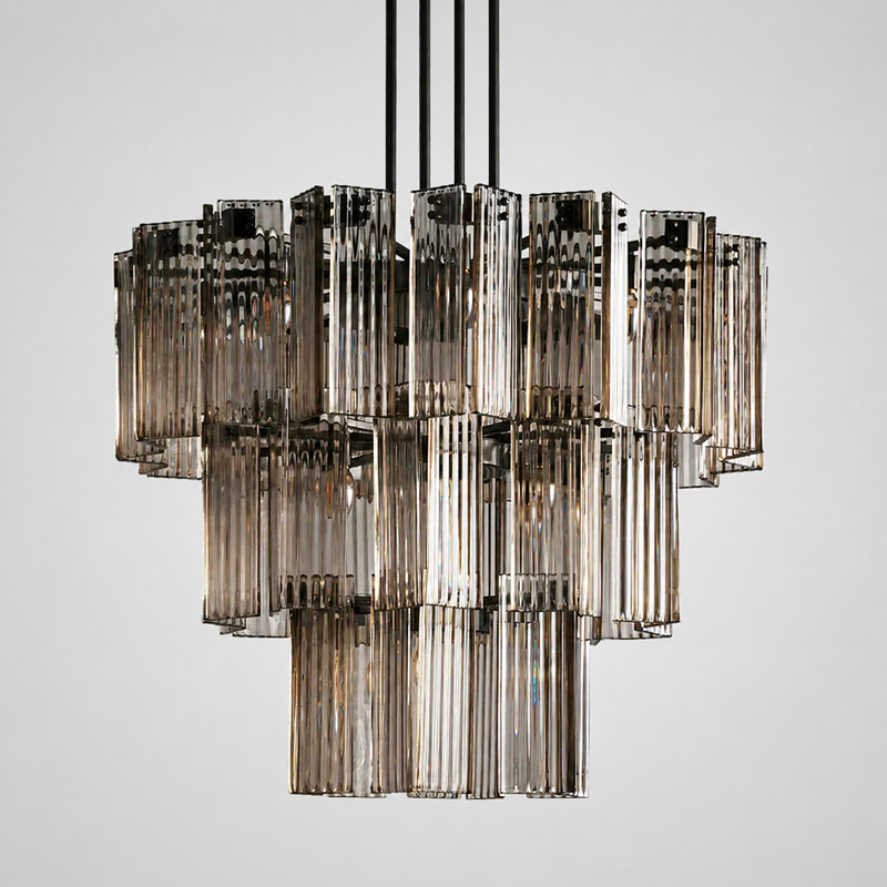 38" Delsie Fluted Round Glass Chandelier in Bronze with Smoke Glass, Main Light Off
