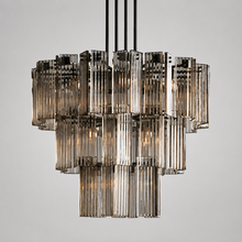 38" Delsie Fluted Round Glass Chandelier in Bronze with Smoke Glass, Main Light On