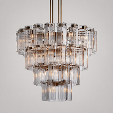 48" Delsie Fluted Round Glass Chandelier in Brass with Clear Glass, Main Light On