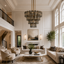 48" Delsie Fluted Round Glass Chandelier in Brass with Smoke Glass, Living Room Scene