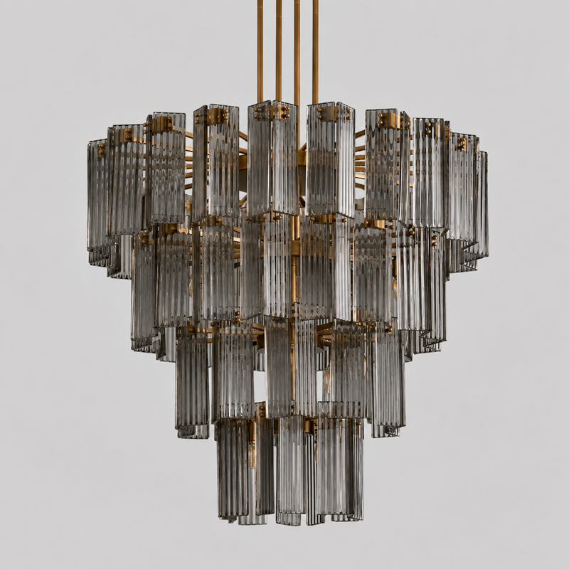 Delsie Round Fluted Glass Chandelier, 48-inch brass smoke glass large chandelier for grand dining room, large living room, foyer, and Art Deco inspired interiors