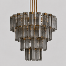 48" Delsie Fluted Round Glass Chandelier in Brass with Smoke Glass, Main Light On