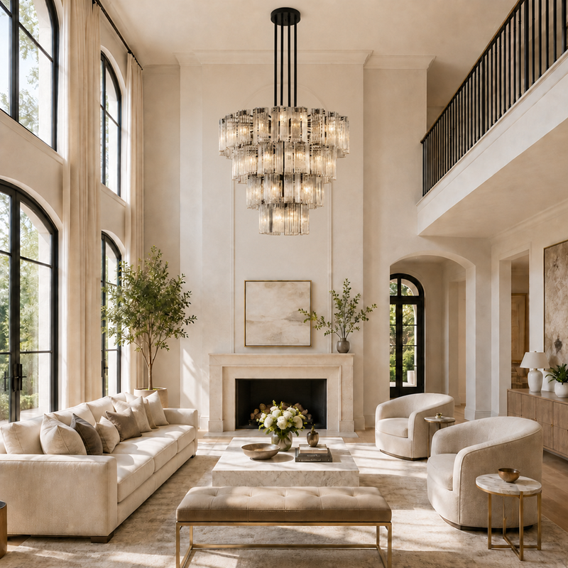 48" Delsie Fluted Round Glass Chandelier in Bronze with Clear Glass, Living Room Scene