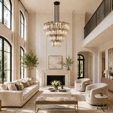 48" Delsie Fluted Round Glass Chandelier in Bronze with Clear Glass, Living Room Scene