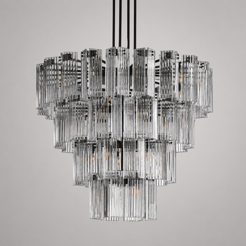 48" Delsie Fluted Round Glass Chandelier in Bronze with Clear Glass, Main Light Off