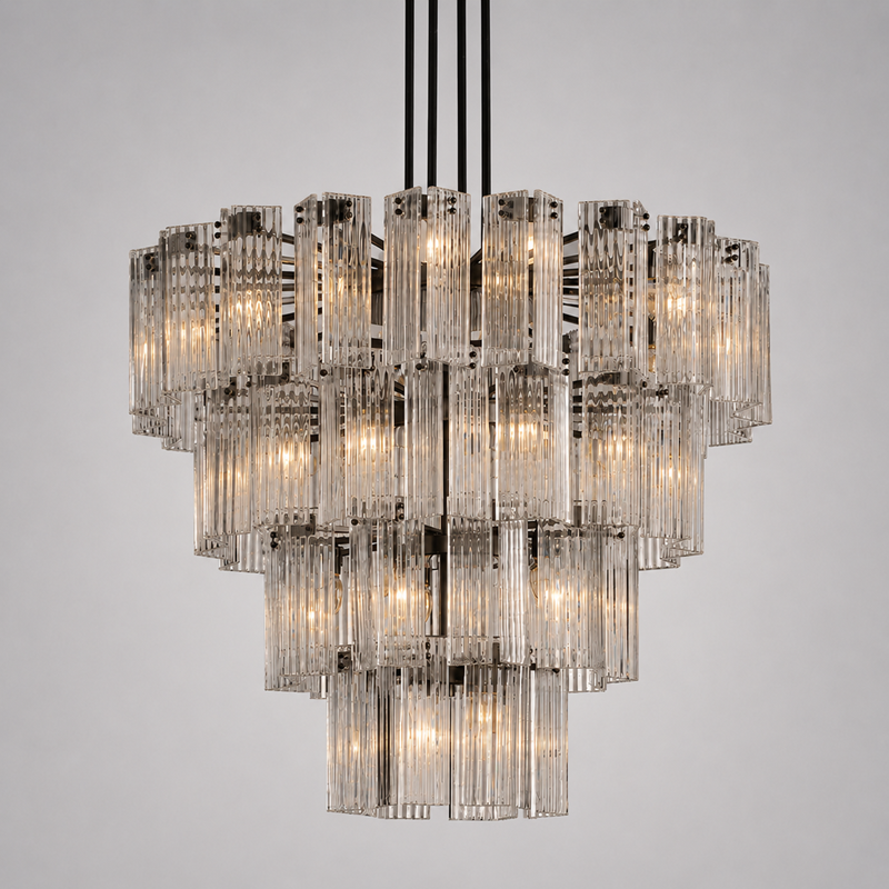 Delsie Round Fluted Glass Chandelier, 48-inch bronze clear glass chandelier for large dining room, great room, grand foyer, and contemporary luxury interiors