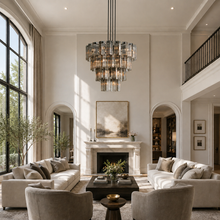 48" Delsie Fluted Round Glass Chandelier in Bronze with Smoke Glass, Living Room Scene