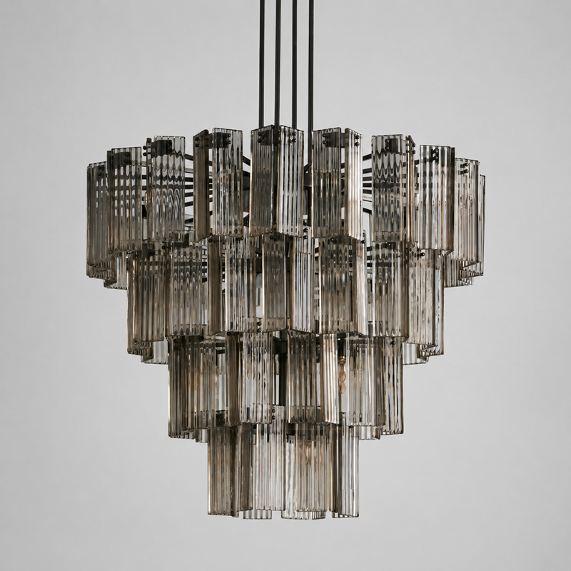 48" Delsie Fluted Round Glass Chandelier in Bronze with Smoke Glass, Main Light Off