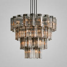 48" Delsie Fluted Round Glass Chandelier in Bronze with Smoke Glass, Main Light On