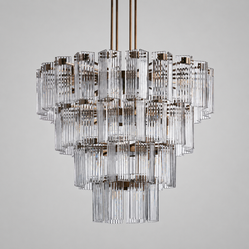 60" Delsie Fluted Round Glass Chandelier in Brass with Clear Glass, Main Light Off