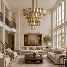 60" Delsie Fluted Round Glass Chandelier in Brass with Smoke Glass, Living Room Scene