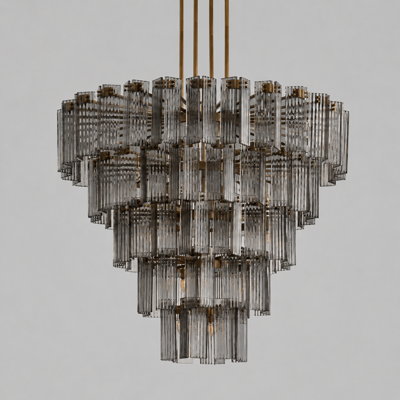 60" Delsie Fluted Round Glass Chandelier in Brass with Smoke Glass, Main Light Off