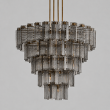 60" Delsie Fluted Round Glass Chandelier in Brass with Smoke Glass, Main Light Off