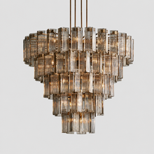 60" Delsie Fluted Round Glass Chandelier in Brass with Smoke Glass, Main Light On