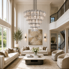 60" Delsie Fluted Round Glass Chandelier in Bronze with Clear Glass, Living Room Scene