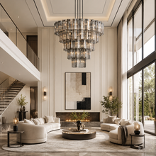 60" Delsie Fluted Round Glass Chandelier in Bronze with Smoke Glass, Living Room Scene