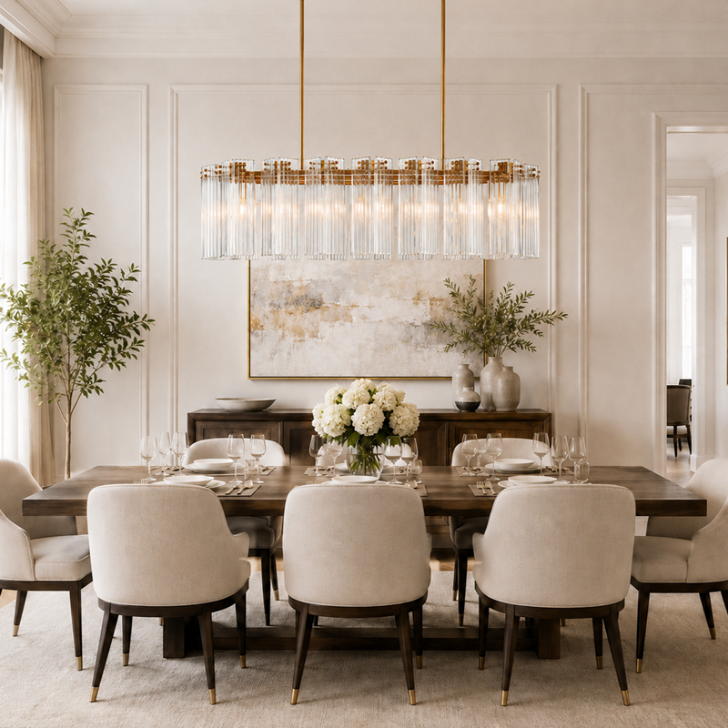 51" Delsie Oval Fluted Glass Chandelier in Brass with Clear Glass, Dining Room