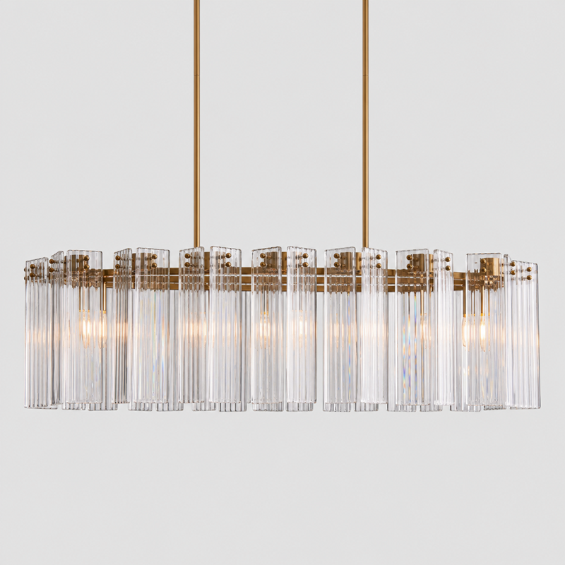 Delsie Oval Fluted Glass Chandelier, 51-inch brass clear fluted glass chandelier for rectangular dining table, kitchen island, modern classic dining room, and elegant lighting