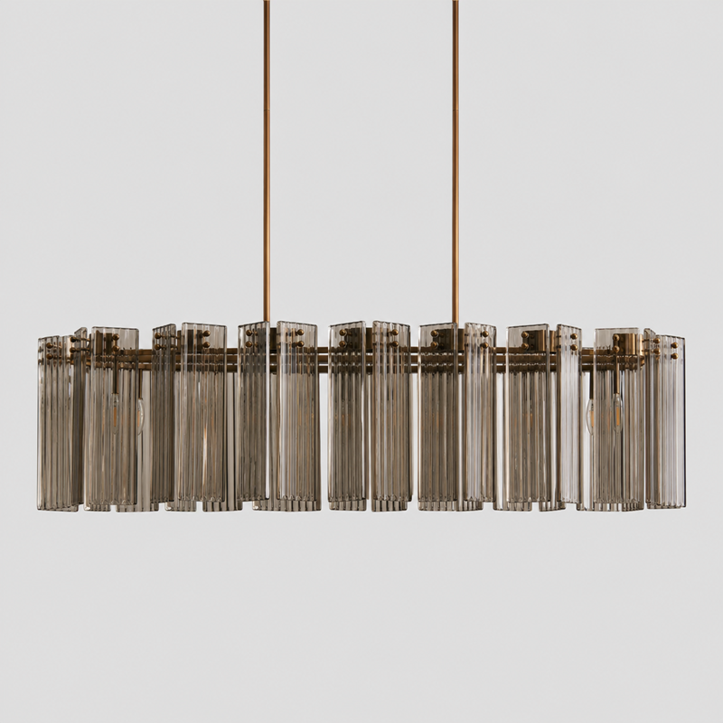 51" Delsie Oval Fluted Glass Chandelier in Brass with Smoke Glass, Main Light Off