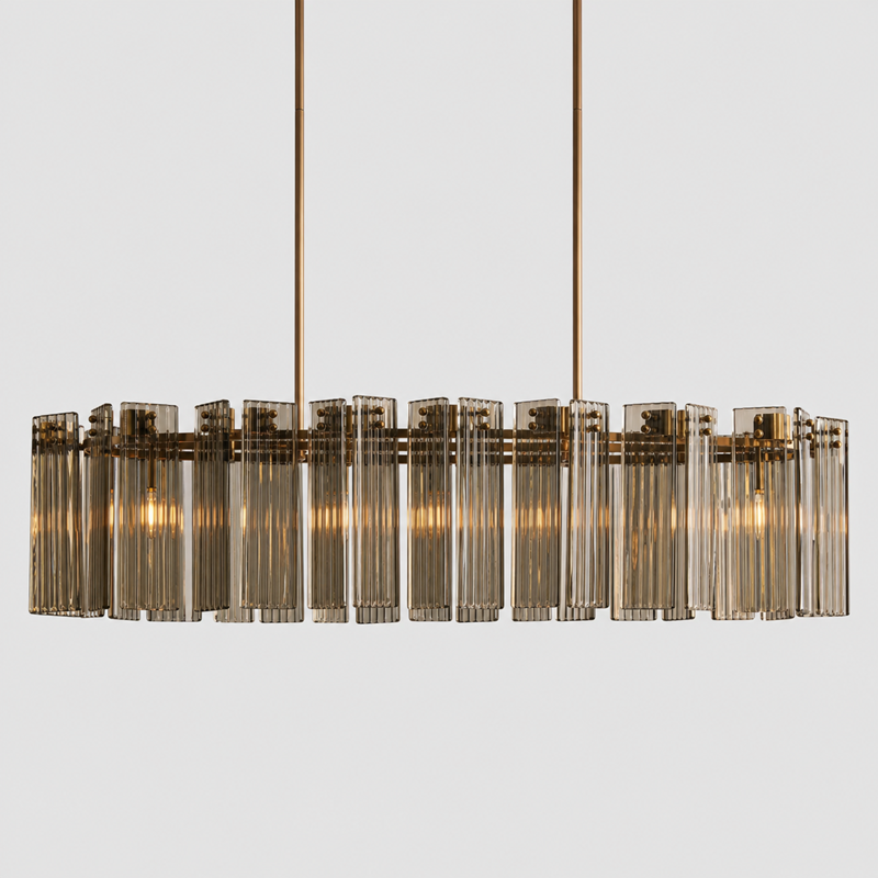51" Delsie Oval Fluted Glass Chandelier in Brass with Smoke Glass, Main Light On