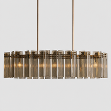 51" Delsie Oval Fluted Glass Chandelier in Brass with Smoke Glass, Main Light On
