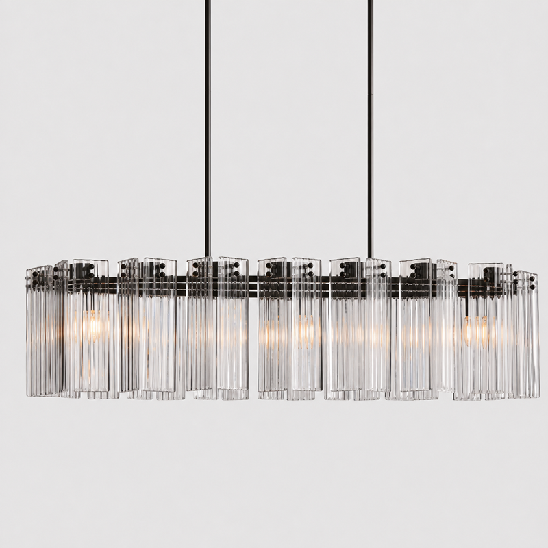 Delsie Oval Fluted Glass Chandelier, 51-inch bronze clear fluted glass chandelier for rectangular dining table, dining room, kitchen island, and contemporary statement lighting