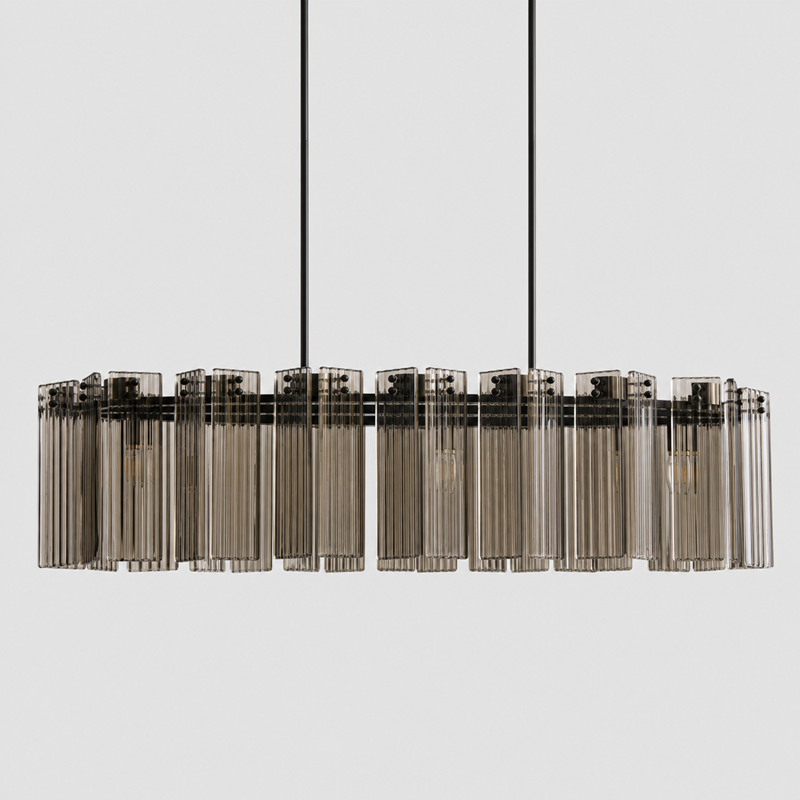 51" Delsie Oval Fluted Glass Chandelier in Bronze with Smoke Glass, Main Light Off