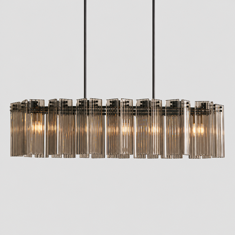 Delsie Oval Fluted Glass Chandelier, 51-inch bronze smoke glass chandelier for long dining table, kitchen island, transitional dining room, and Art Deco inspired lighting