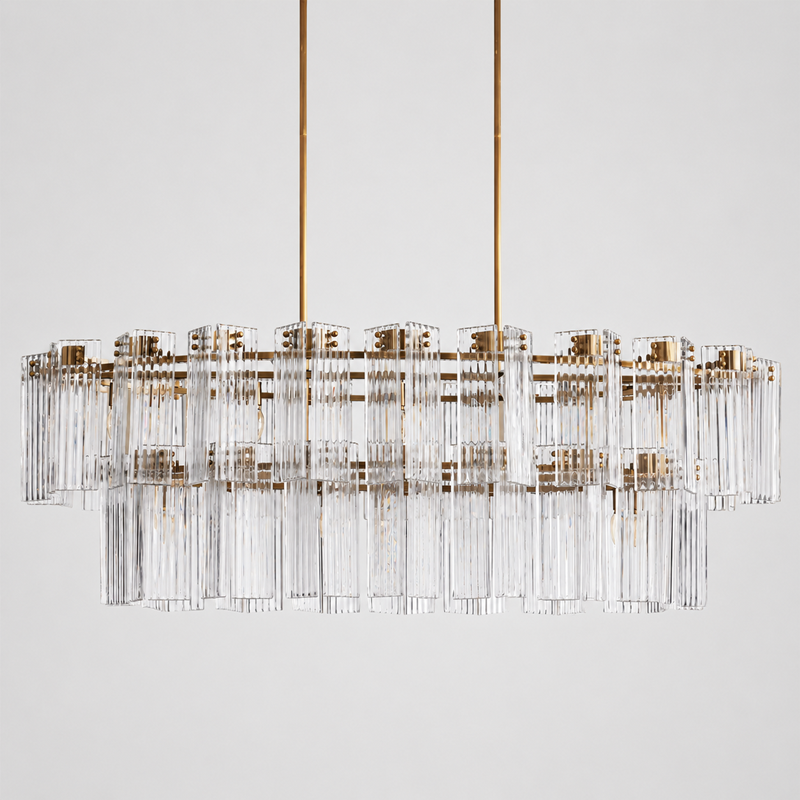 63" Delsie Oval Fluted Glass Chandelier in Brass with Clear Glass, Main Light Off