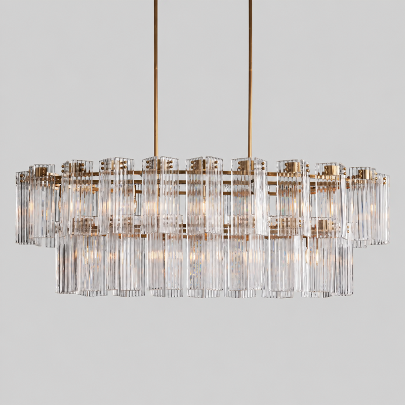 63" Delsie Oval Fluted Glass Chandelier in Brass with Clear Glass, Main Light On