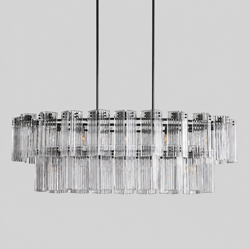 63" Delsie Oval Fluted Glass Chandelier in Brass with Smoke Glass, Dining Room