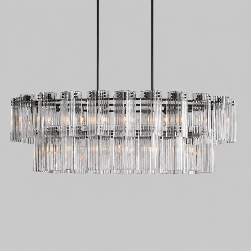 63" Delsie Oval Fluted Glass Chandelier in Bronze with Clear Glass, Main Light On