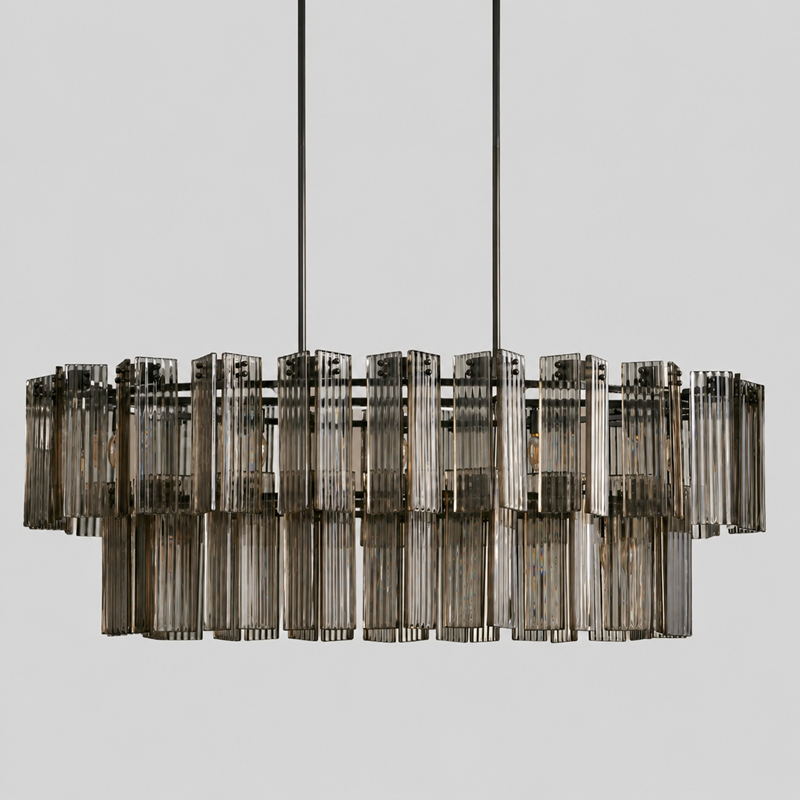 63" Delsie Oval Fluted Glass Chandelier in Bronze with Smoke Glass, Main Light Off