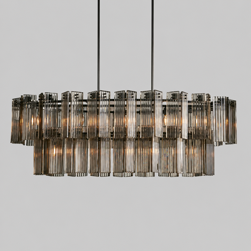 Delsie Oval Fluted Glass Chandelier, 63-inch brass smoke glass large chandelier for long dining table, large dining room, kitchen island, and Art Deco inspired interiors