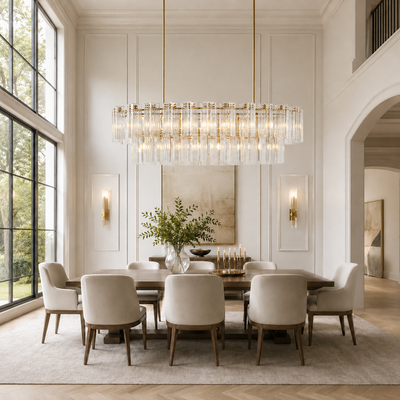 72" Delsie Oval Fluted Glass Chandelier in Brass with Clear Glass, Dining Room
