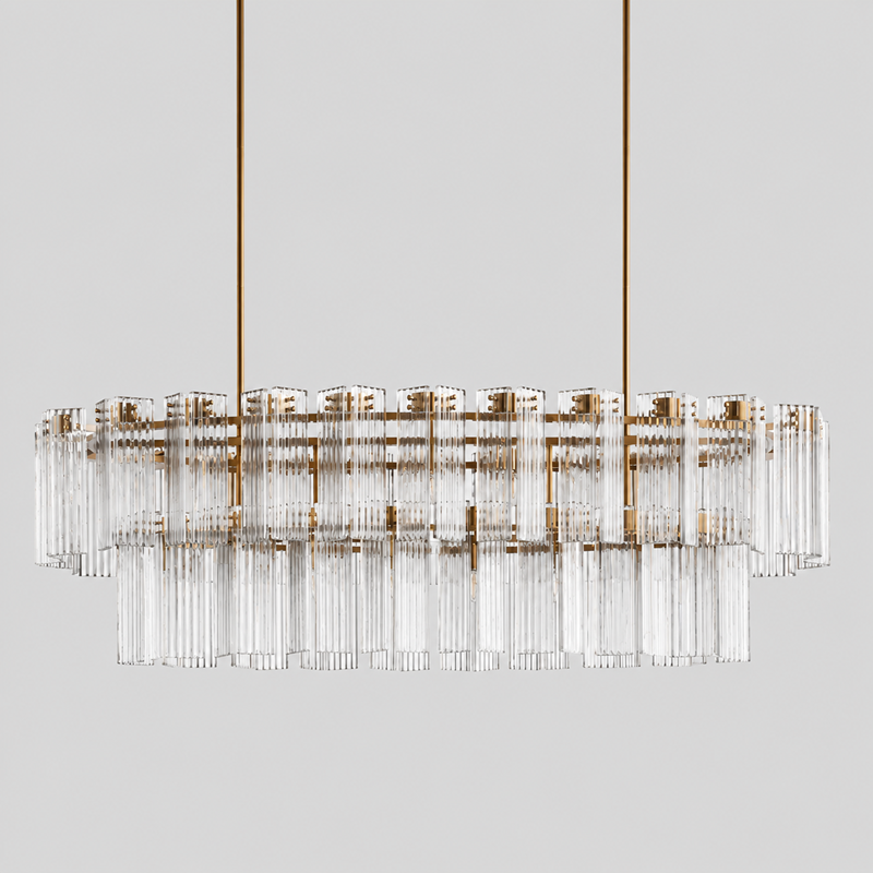 72" Delsie Oval Fluted Glass Chandelier in Brass with Clear Glass, Main Light Off