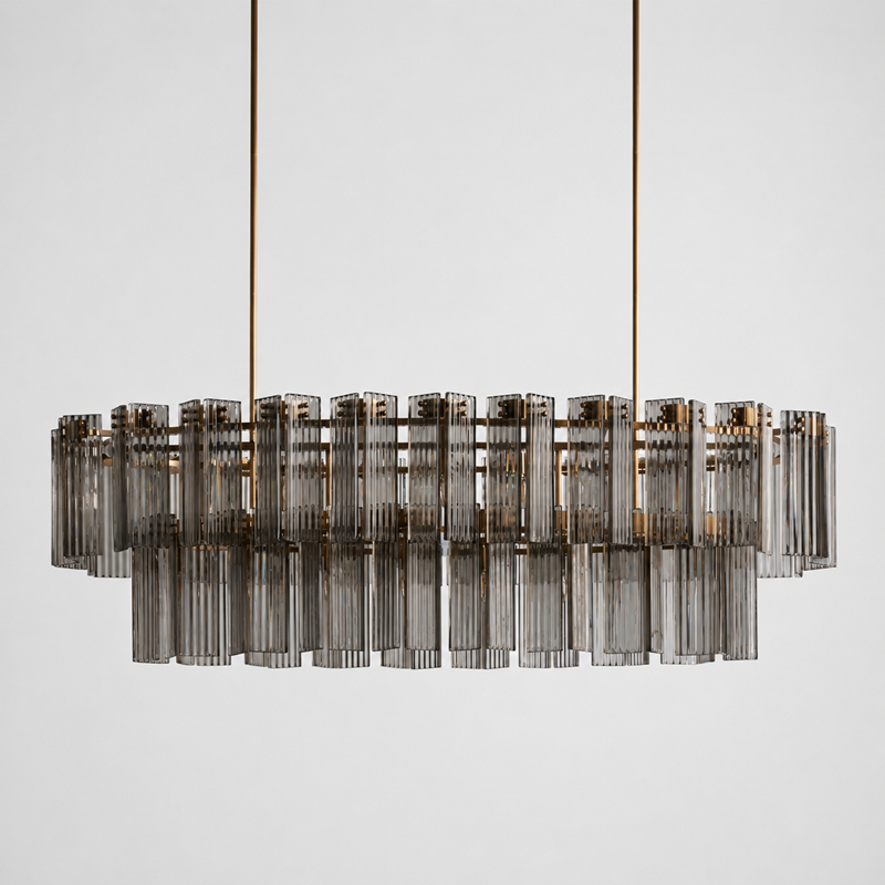 Delsie Oval Fluted Glass Chandelier, 72-inch brass smoke glass large chandelier for oversized rectangular dining table, grand dining room, long kitchen island, and statement lighting