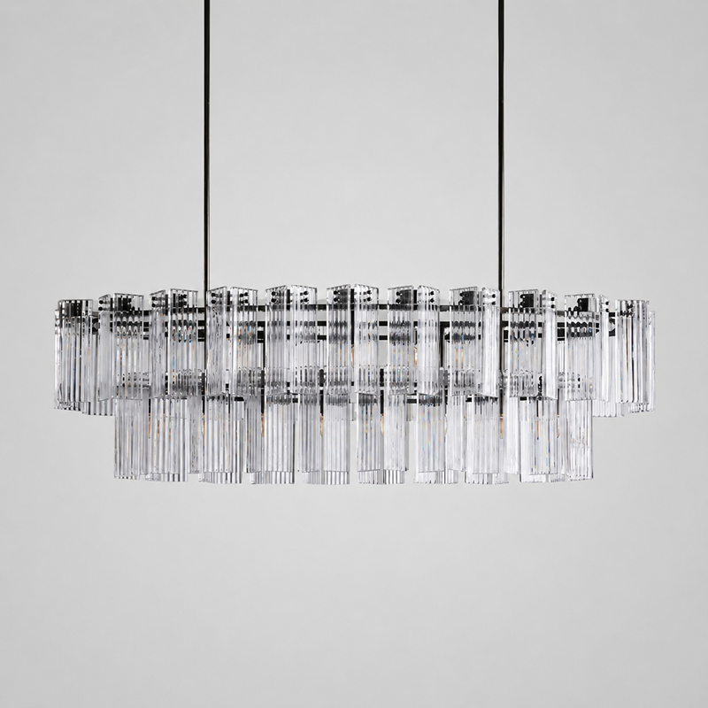 72" Delsie Oval Fluted Glass Chandelier in Bronze with Clear Glass, Main Light Off