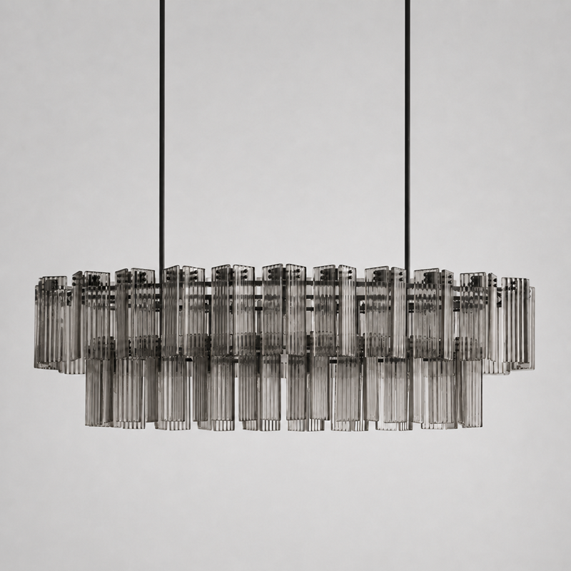 72" Delsie Oval Fluted Glass Chandelier in Bronze with Smoke Glass, Main Light Off