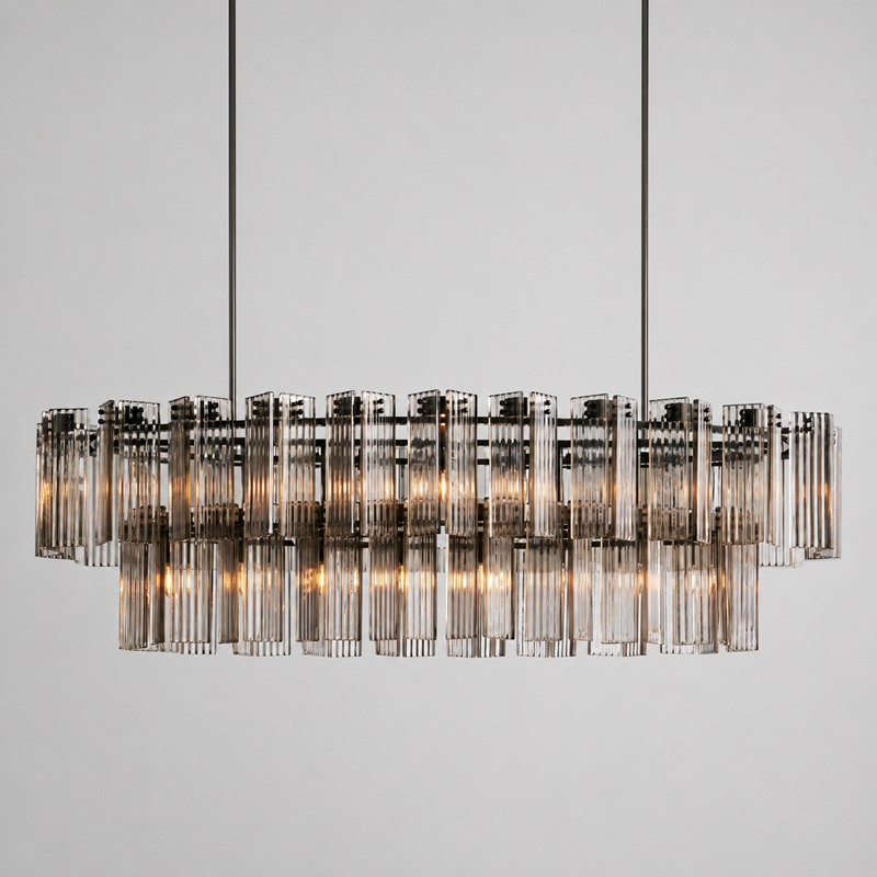 Delsie Oval Fluted Glass Chandelier, 72-inch bronze smoke glass chandelier for oversized dining table, large dining room, long kitchen island, and Art Deco inspired interiors