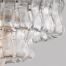 Close-Up of Clear Textured Glass and Brass Frame Detail on Ghiaccio Oval Chandelier