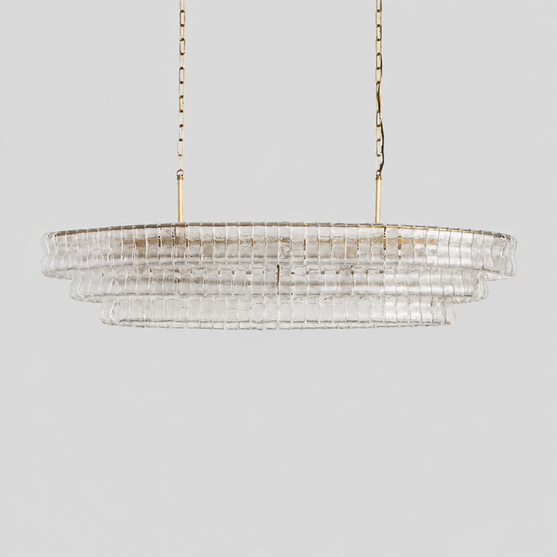 54" Ghiaccio Oval Textured Glass Chandelier with Clear Glass and Brass Finish, Light Off